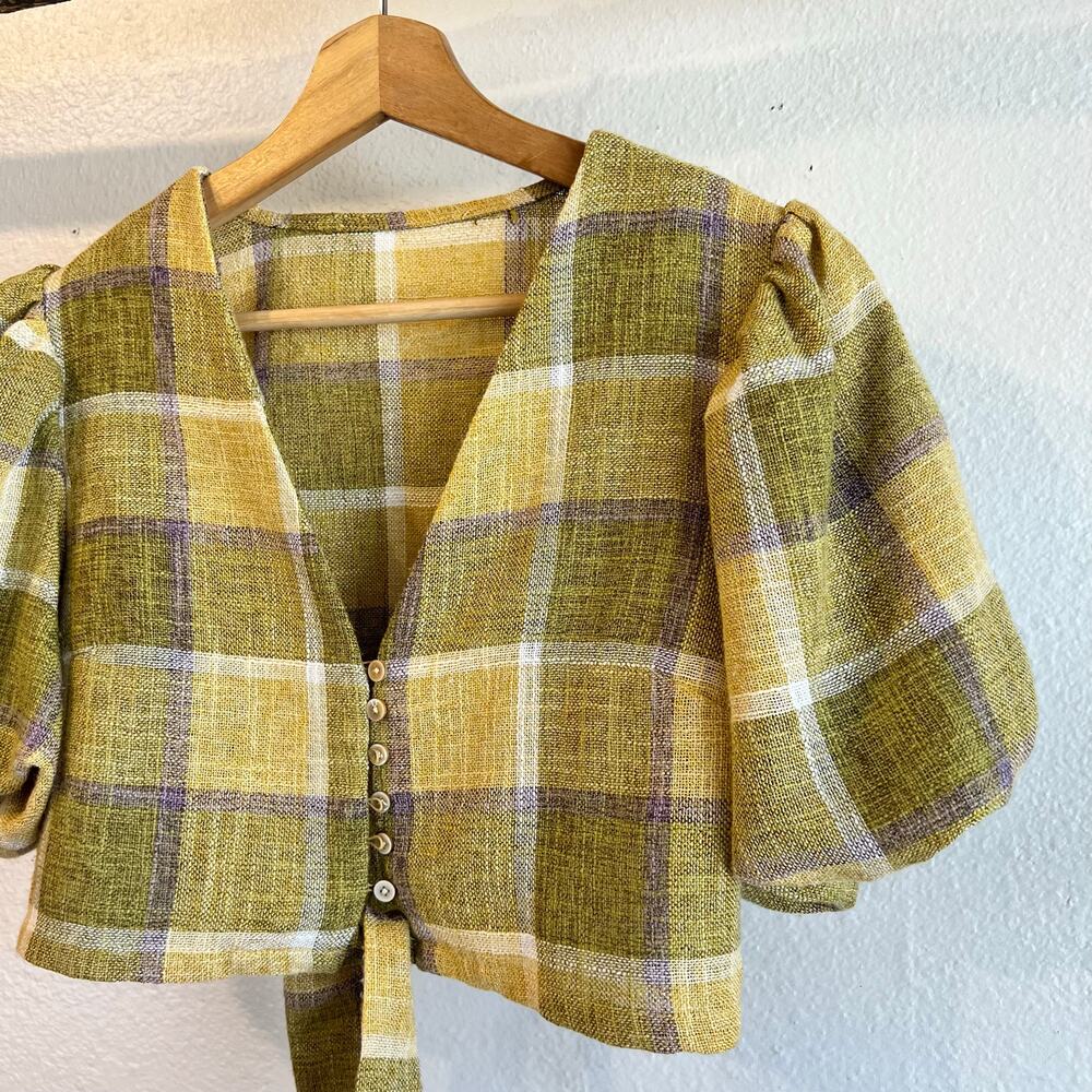 LA'VEN Los Angeles Green Plaid Button Tie Puffed Sleeve Crop Top Size Small - Picture 2 of 11
